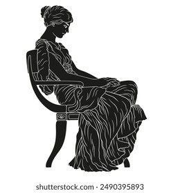 An ancient Greek young woman in a tunic sitting on a chair, folding her hands together and looking down. Figure isolated on white background