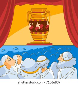 The ancient Greeks looks at the vase in the theater. Vector version.
