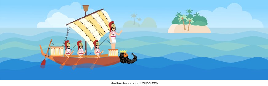 Die alten Griechen auf einer Küche (ein altes Schiff) im Meer. Vector Illustration im flachen Stil mit isolierten Schichten für Animation, Motion Design, Präsentation, Webseite oder App.