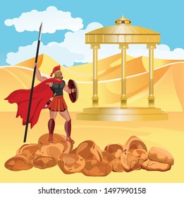  The Ancient greeks temple in the desert sand dunes and warrior