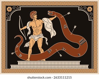 Ancient Greek-style illustration of the god Apollo battling the serpent Python. Classic mythological scene framed with traditional Greek ornamental borders.