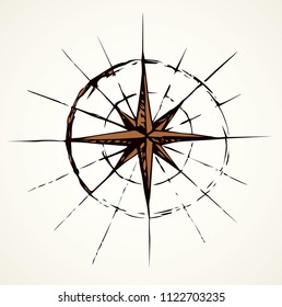 Ancient grunge windrose road point view on white paper texture backdrop. Freehand line black ink hand drawn trip sea way gps plan logo emblem border in art cartoon doodle print style on space for text