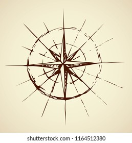 Ancient grunge windrose road point view on white paper texture backdrop. Freehand line black ink hand drawn trip sea way gps plan logo emblem border in art cartoon doodle print style on space for text