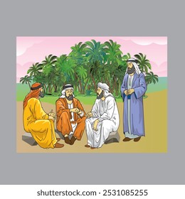 Ancient Gulf Arab men sitting in the desert with palm trees behind them