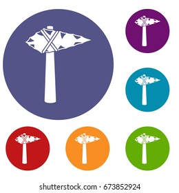 Ancient hammer icons set in flat circle reb, blue and green color for web