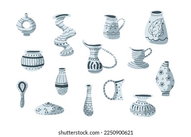 Ancient handmade ceramic vases, painted clay vessels, jugs. Hand drawn pottery set. Flat vector illustraton isolated on white background