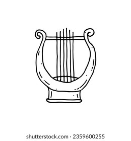 Ancient harp, drenegreek style. Lyre is a plucked string musical instrument. Doodle. Hand drawn. Vector illustration. Outline.