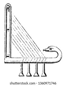 Ancient harp is a stringed musical instrument that has a number of individual strings running at an angle to its soundboard, vintage line drawing or engraving illustration.