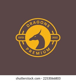 ancient head dragon legend fairytale horned modern badge sticker logo design vector icon illustration template