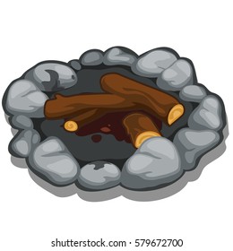 The ancient hearth surrounded with stones isolated on white background. Vector cartoon close-up illustration.
