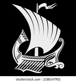 Ancient Hellenic design, ancient Greek sailing ship galley - triera and Greek ornament meander, isolated on black, vector illustration