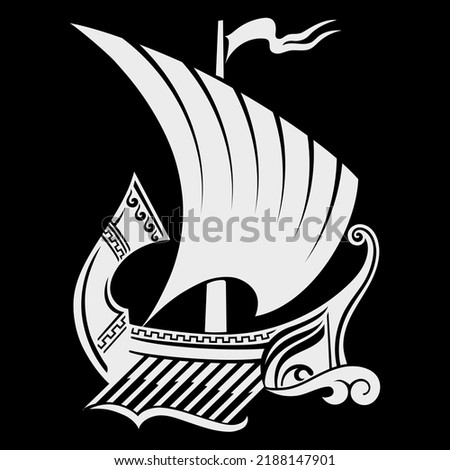 Ancient Hellenic design, ancient Greek sailing ship galley - triera and Greek ornament meander, isolated on black, vector illustration