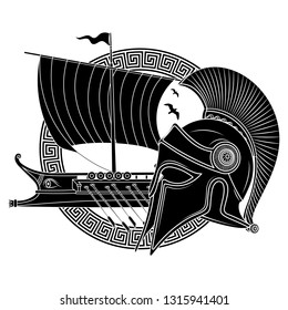 Ancient Hellenic helmet, ancient greek sailing ship galley - triera and greek ornament meander, isolated on white, vector illustration