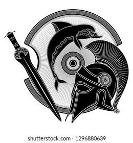 Ancient Hellenic helmet, ancient greek shield, the image of a Dolphin and greek ornament meander, isolated on white, vector illustration