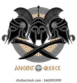 Ancient Hellenic helmet, two crossed ancient Greek swords and greek ornament meander, isolated on white, vector illustration