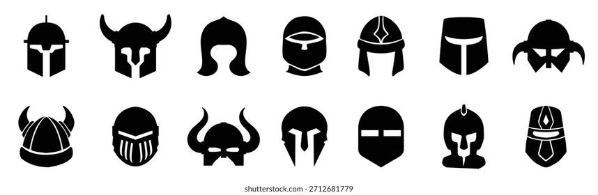 Iconos de casco antiguo. Conjunto de diferentes iconos de casco de guerrero. Sencillas señales de casco de soldado. Iconos de casco negro