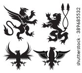 Ancient heraldic griffins symbols of black majestic beasts with body of lion, angel wings and eagle heads. For heraldic design or tattoo