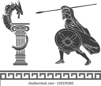 Ancient hero and dragon. stencil. second variant. vector illustration