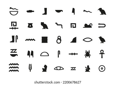 Ancient hieroglyphic symbols. Egyptian hieroglyph signs, old manuscript symbolic inscription decorative lettering Egypt history concept. Vector set. Black writing elements isolated on white