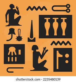 Ancient hieroglyphs of Egyptian civilization. Language or scripture from old times. Waves and lines, people black silhouettes and symbols, signs or denotations. Vector in flat style illustration