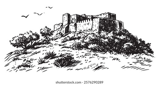 ancient hilltop castle with trees and birds hand-drawn black and white illustration