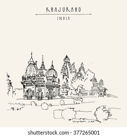 Ancient Hindu temples in Khajuraho, Madhya Pradesh, India. Vintage hand drawn postcard or poster template. Vector illustration