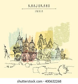 Ancient Hindu temples in Khajuraho, Madhya Pradesh, India. Vintage hand drawn postcard or poster template. Vector illustration