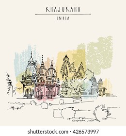 Ancient Hindu temples in Khajuraho, Madhya Pradesh, India. Vintage hand drawn postcard or poster template. Vector illustration