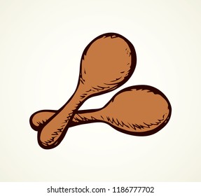 Ancient hispanic wood 2 beanbag samba noise tool on white background. Outline brown ink drawn folk cuba mayo rumba logo pictogram in artist retro doodle style pen on paper space for text. View closeup