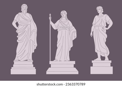 Ancient historic monuments classical greece culture, greek statue roman set. Cartoon antique statues.