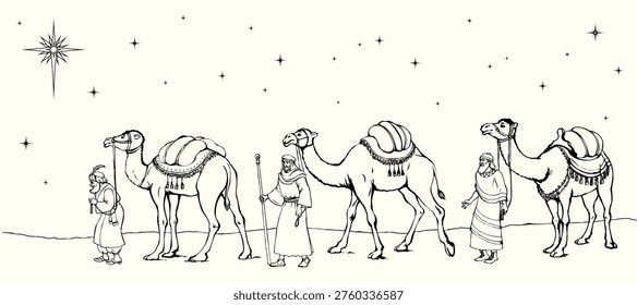 Ancient historic orient go walk desert trip journey bring saint newborn kid son gold myrrh antiqu retro line art noel draw pictur Black outline hand drawn art new Israel gospel belief event greet card