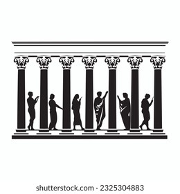 Ancient historical greek roman columns and buildings silhouette monochrome.