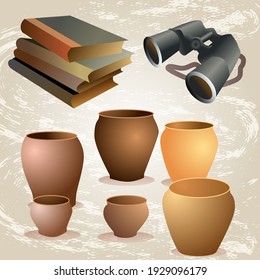 Ancient historical vases, antique old books, binoculars vector