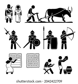 Ancient History Bronze Age Medieval Human Civilization In Middle Age. Vector Illustrations Depict Human Technology Development During The Bronze Age And Medieval People From The Middle Age.