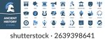 Ancient history colored signed icon collection. Helmet, scroll, column, harp, swords icons. UI icon set. Colored icons pack. Vector illustration