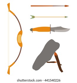 Ancient history hunting objects. Weapon arrow and bow, traditional medieval weapon. Vector illustration