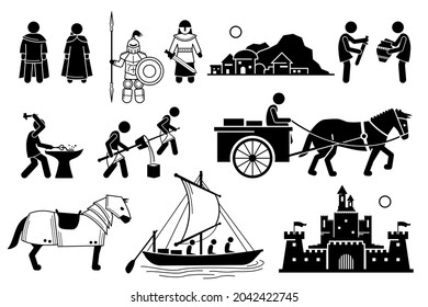 Ancient History Iron Age Medieval Human Civilization in Middle Age. Vector illustrations depict human technology development during the Iron Age and medieval people from the Middle Age.