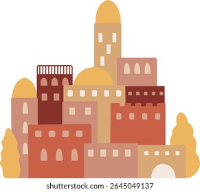 Antigo vetor da cidade sagrada com casas bíblicas, colinas do deserto e estruturas tradicionais do Oriente Médio, ideal para a publicação religiosa, livros infantis cristãos e infográficos religiosos educacionais