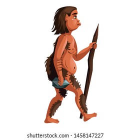 Ancient homo erectus or caveman, human ancestor cartoon vector illustration. Neanderthal with wooden stick and stone in hands, one of stages in Darwin evolutionary theory, isolated on white background