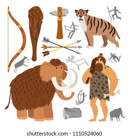 Ancient Homosapiens. Stone Age Neanderthal Caveman Vector Illustration, Primitive Survival Tools And Prehistoric Wooly Mammoth And Cave Tiger Isolated On White Background