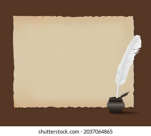 Ancient horizontal scroll and white feather, old papyrus and quill vector illustration