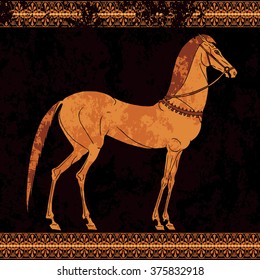 Ancient horse silhouette on black background with decor. Greece traditional painting, figure of  horse. Greek, Roman style. Hand drawn vector theme. Good for background, fabric, logo and other design