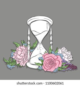 Ancient hourglass and beautiful flowers. Peonies and roses. Vector illustration for a postcard or a poster, print for clothes or tattoo. Vintage and retro.