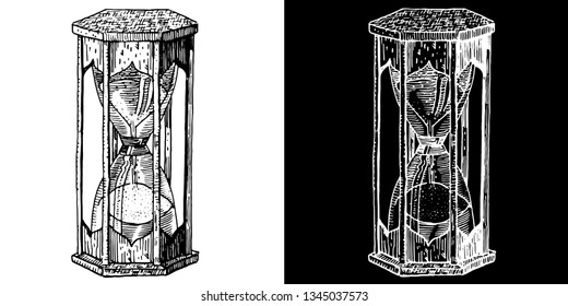 Ancient hourglass. Hand drawn engraving medieval style ink and nib pen vector illustration. Occult, ritual, alchemy, witchcraft, gothic, time, life and death symbol on white and black background.