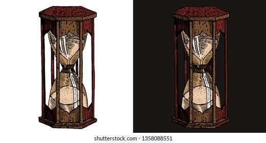 Ancient hourglass. Hand drawn engraving medieval style vector illustration. Occult, ritual, alchemy, witchcraft, gothic, time, life and death symbol on white and dark brown background.