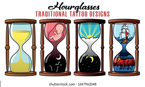 Ancient Hourglasses Traditional Tattoo Designs, Original Tattoo Art Sandglass, Day and Night, Sailing Ship, Sea, Life and Death