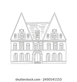 Ancient house with attic on European street, architectural sketch vector illustration