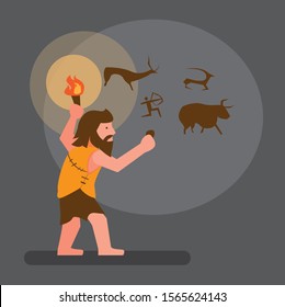 ancient human drawing in cave flat illustration vector