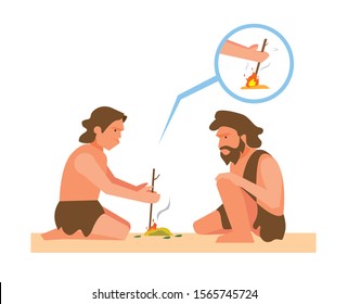 Ancient Human Making Fire From Rubbing Twig Illustration Vector