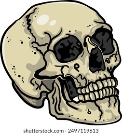 Ancient human skull with black eye sockets. Vector image